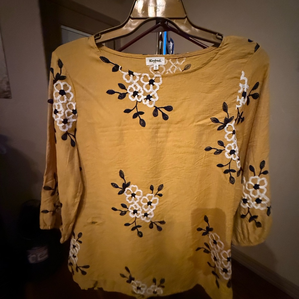 Mustard Floral Embroidered Women's Top